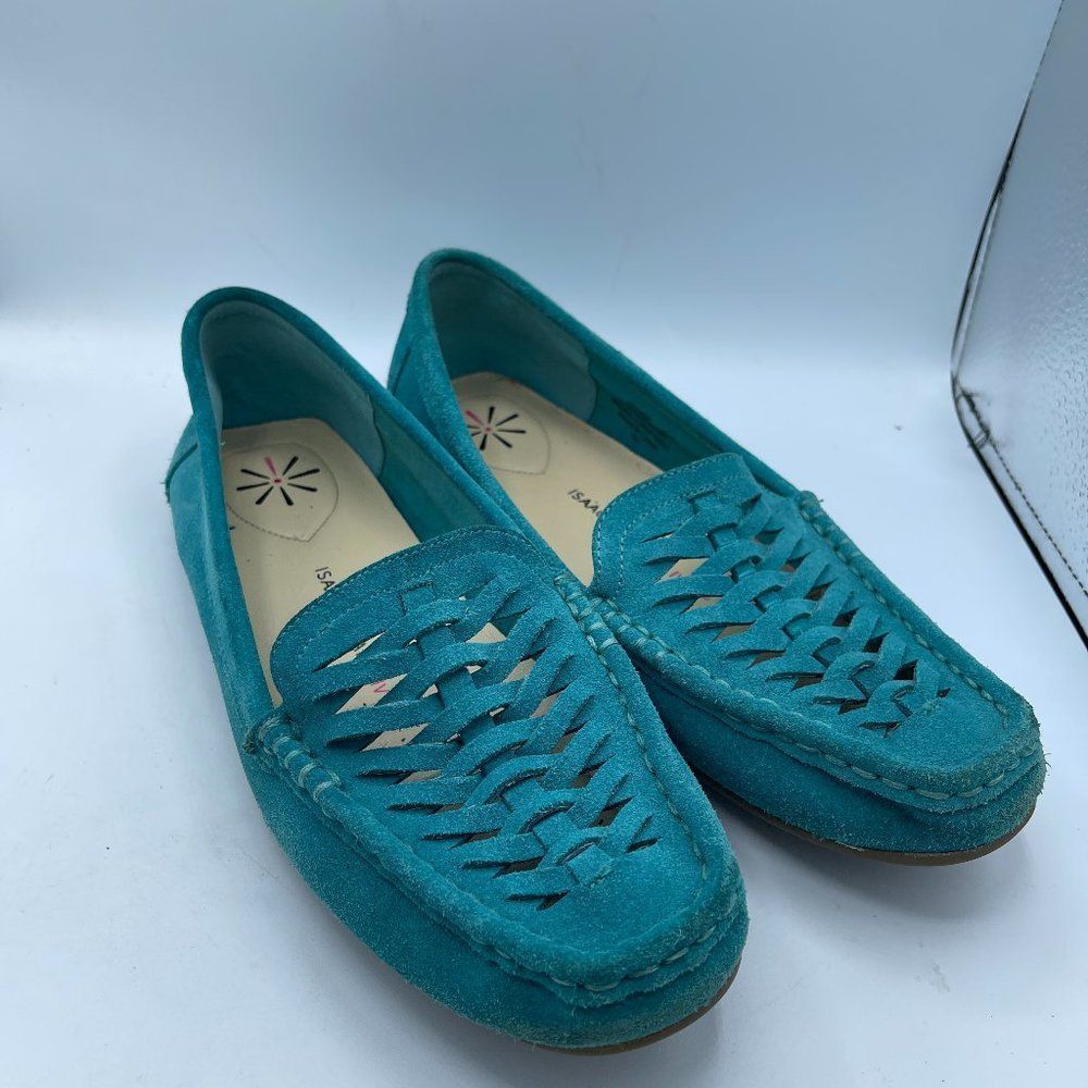 Isaac Mizrahi live ladies teal suede driving loafers 8
